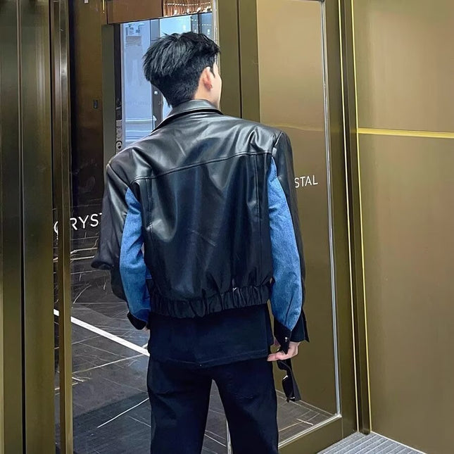 High-grade Stitching PU Leather Coat Cross-border Denim Coat