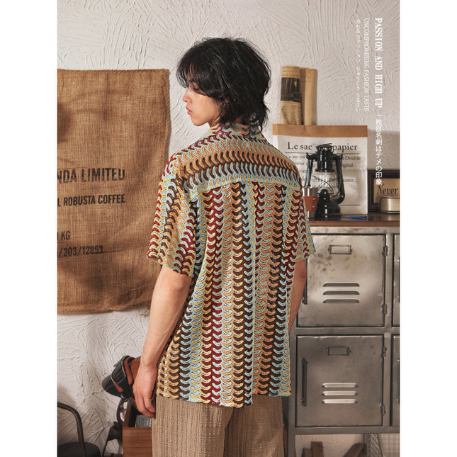 Japanese Style Cuban Collar National Style Hollow Jacquard Color Matching Short Sleeve