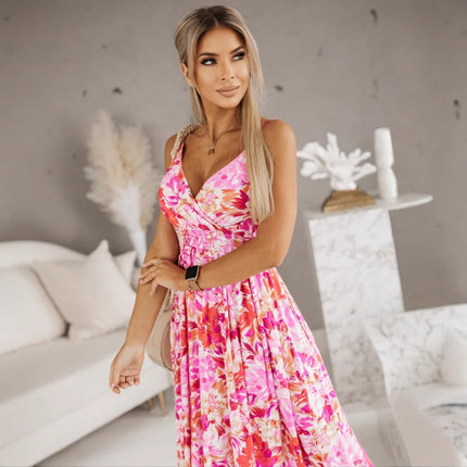 European And American Foreign Trade Cross-border Women's Clothing Amazon Summer V-neck Elastic Waist Printed Sling Long Dress
