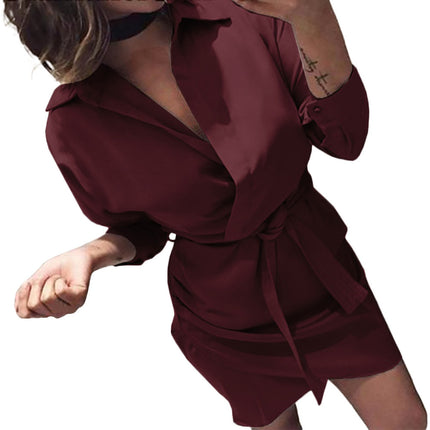 Women's Belt Irregular Solid Color Shirt Dress