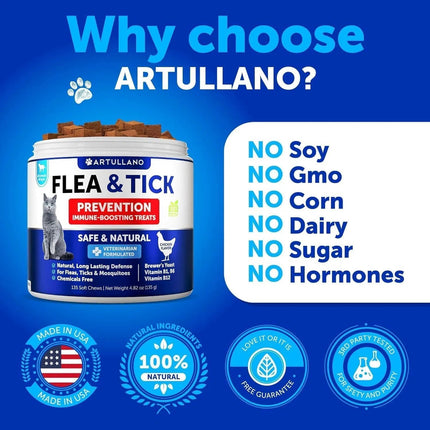Flea Treatment For Cats Natural Flea And Tick Prevention Supplement For Cats Kittens Chewable Daily Oral Pills With Vitamins 135 Soft Chews Skin & Coat Dental Treats Digestion CANNOT Be Sold On Amazon