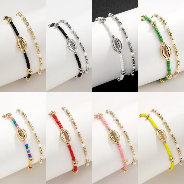 Shell Pearl Rice Bead Elastic Foot Chain Two Piece Set