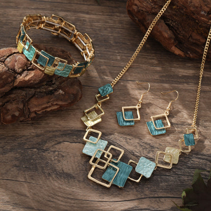 Color Painting Oil Geometric Square Ear Studs Bracelet And Necklace Set