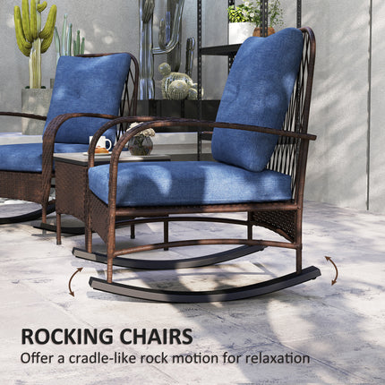 3 Piece Wicker Patio Furniture Set, Outdoor PE Rattan Rocking Chairs with Coffee Table, Cushions for Porch, Brown