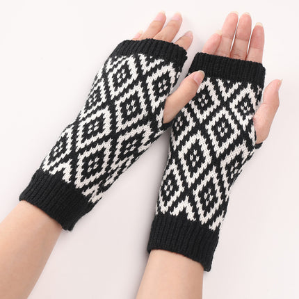 Colorblock Diamond Fingerless Wool Cycling Gloves