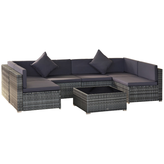 7-Stuk Rattan Patio Meubels Vir Agterplaas Buitelug Seksionele Bank Met Kussings Gehard Glas Koffietafel Kussings Grys