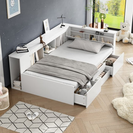 Kinderbed, Enkelbed-3ft90x190cm, Enkelbed, Multifunksionele Kinderbed Met Laaie, Boekrak En Opbergkas, Bedkas Met Bergplek, Sonder Matras, Wit