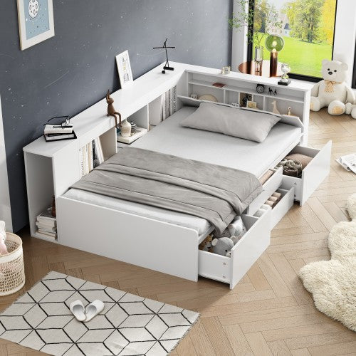 Kinderbed, Enkelbed-3ft90x190cm, Enkelbed, Multifunksionele Kinderbed Met Laaie, Boekrak En Opbergkas, Bedkas Met Bergplek, Sonder Matras, Wit