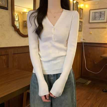Waist-tight Slimming V-neckline Long-sleeved Women's Temperament Commute Pure Sweater