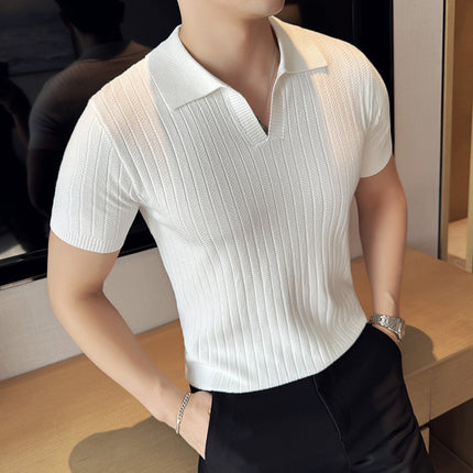 V-neck Knitted Lapel Short-sleeved T-shirt Men's Thin