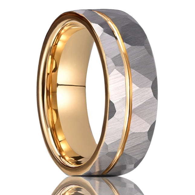 8 Wide Tungsten Gold Golden Hammer Ring