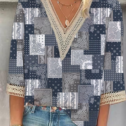 Women's Loose New Multi-color Floral Print Stitching Lace Mid-sleeve V-neck T-shirt
