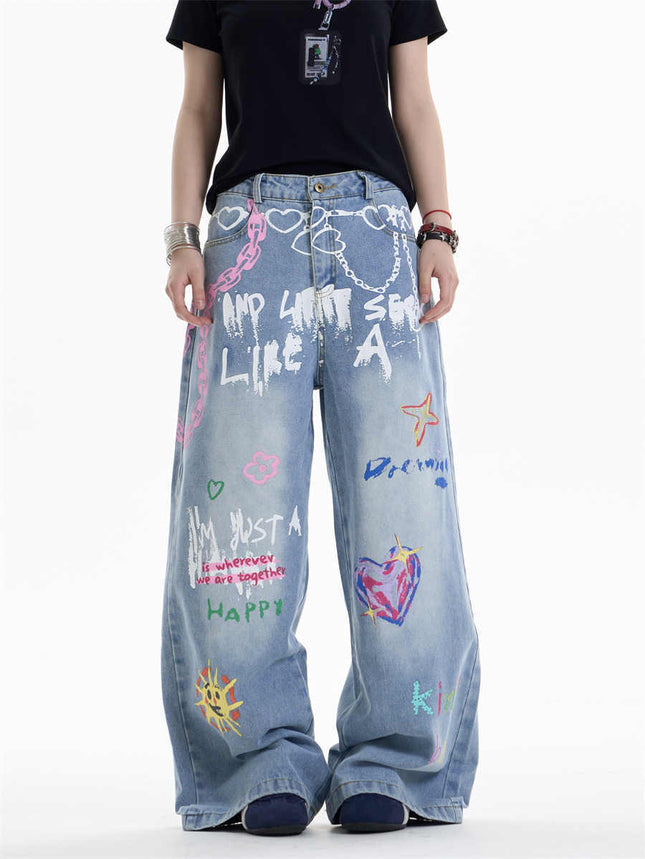 Waist Chain Printed Jeans Women's Straight Wide-leg Pants