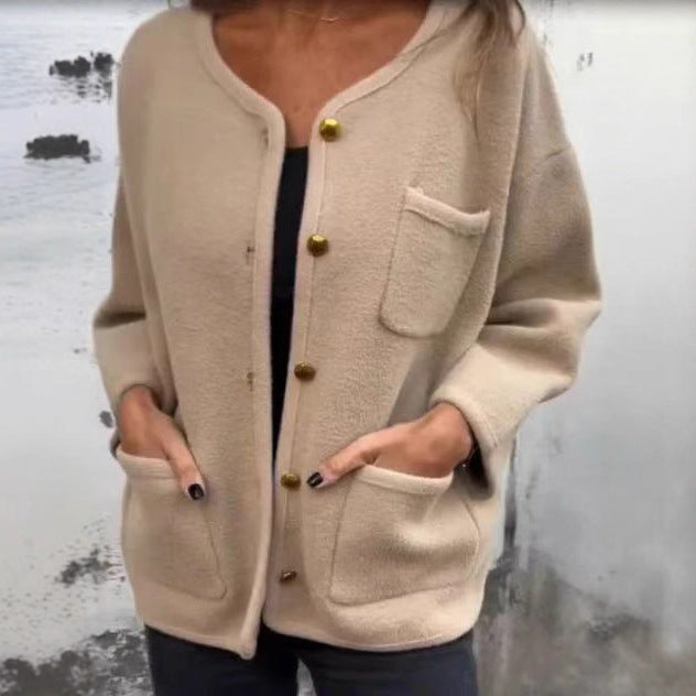 Women's Round Neck Long Sleeve Woolen Coat