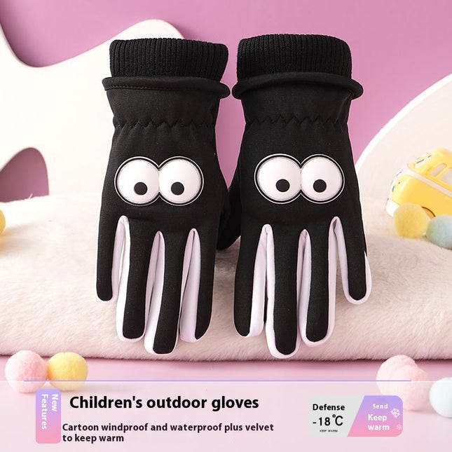 Children's Gloves Autumn And Winter Outdoor Cold-proof Warm With Velvet Anti-slip Cycling Cartoon Cute Windproof