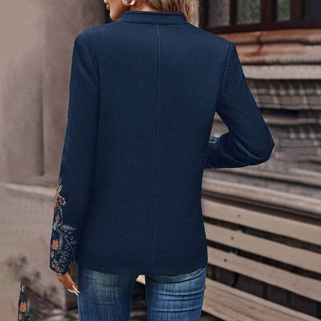 Women's Stand Collar Solid Color Floral Print Blazer Fashion Double-Breasted Fall & Winter Jacket