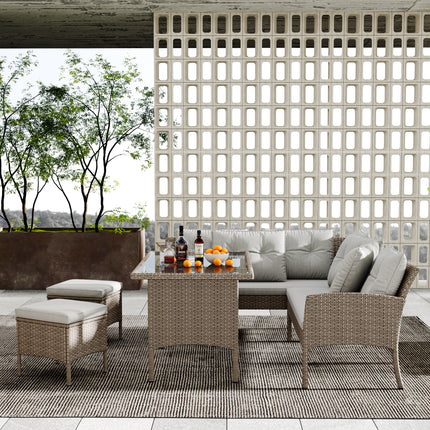 Tuinmeubelstelle, Tuinbank, Tuinhoekbank Rattan Patio Stel, 6-7 Siter Buiten Patio Meubels, Sitkamer Hoekbank Stel Met Tafelstoel, Gemengde Khaki Riet Met Liggrys Kussings