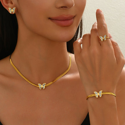 Lxalry 18K Gold Plated Butterfly Jewelry Set With Mirror Polish  Hypoallergenic Skin Safe 4PCS Necklace Earrings Bracelet Ring For Women, Never Fade Luxury Gift For Her