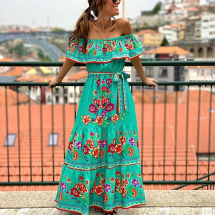 Women's Fashion Off-shoulder Red Flower Print Dress