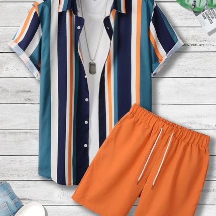 Striped Contrast Color 3D Printing Vacation Shirt Shorts 2 Pieces Suit