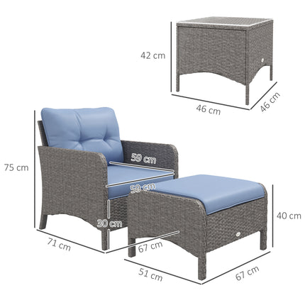 5 Pieces PE Rattan Garden Furniture Set, Wicker Outdoor Sofa Set W/ 2 Armchairs 2 Stools Glass Top Table Cushions, Blue