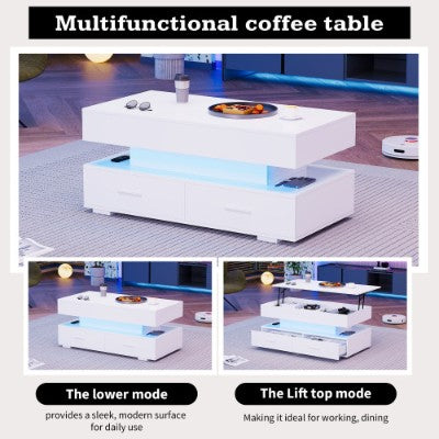 Hidrouliese Hysbak Top Koffietafel, LED Koffietafels Met Berging Vir Sitkamer, Koffietafel Met 2 Laaie & LED Lig Vir Eetkamer Ontvangsarea, Wit