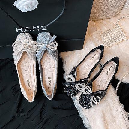 New Square Toe Flats Classic Style Rhinestone Pearl Shoes