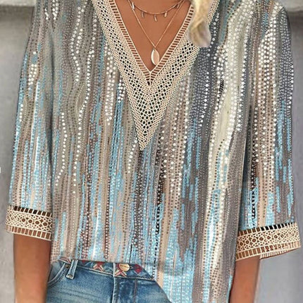 Women's Loose New Multi-color Floral Print Stitching Lace Mid-sleeve V-neck T-shirt