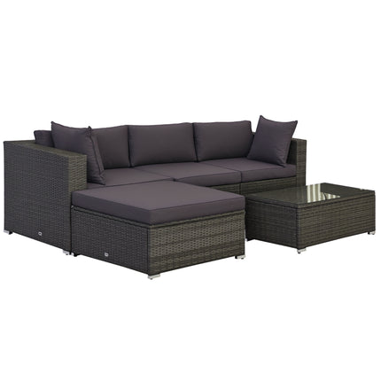 5-Stuk Buitelug Seksionele Meubels, Patio Bankstel, PE-Wicker Rusbank, Kussings, Kussing, Ottomaan, Tafel, Houtskool