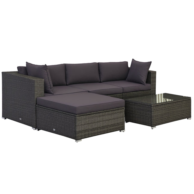 5-Stuk Buitelug Seksionele Meubels, Patio Bankstel, PE-Wicker Rusbank, Kussings, Kussing, Ottomaan, Tafel, Houtskool