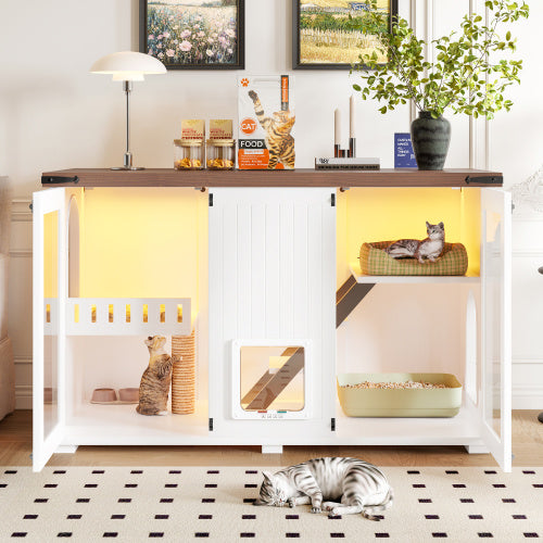 47.25 Large Cat Litter Box Enclosure With LED Light, Hidden Litter Box Furniture, Cat House With Stairs And Cat Scratching Post, Cat Cabinet Side Table With Smart Doors For Living Room, White