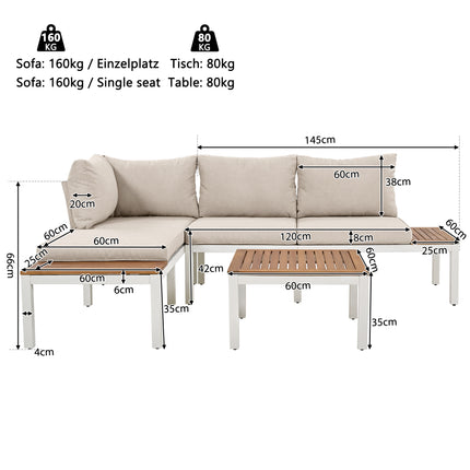 Outdoor Patio&Backyard Furniture Garden Lounge Set For 4 People, Space Saving Thick Quality L-Shaped Corner Sofa With Wooden Table, Beige
