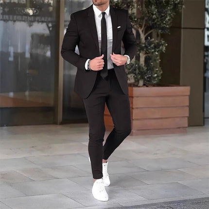 Two-piece Solid Color Slim-fit Coat Suit Pants