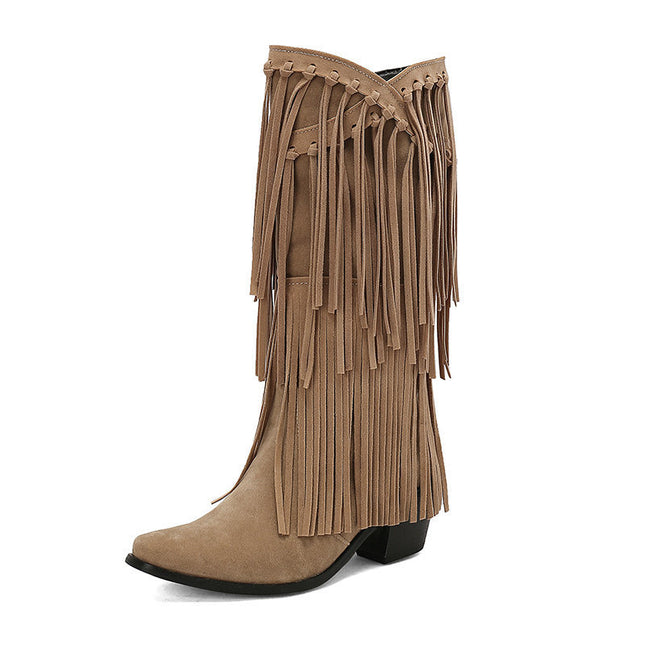 Women's High Boots Autumn And Winter Suede High Heel Tassel Boots Below The Knee