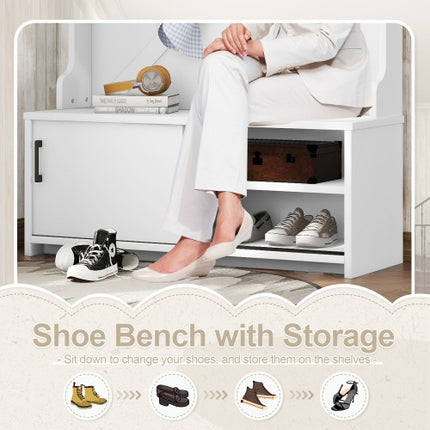 Hall Tree With Top Shelf And Storage Bench, Hallway Shoe Cabinet With Sliding Doors, Coat Rack With 5 Hanging Hooks For Entryways Hallways