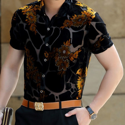 Short Sleeve Hollow Men's Shirt Flocking Embroidered Shirt