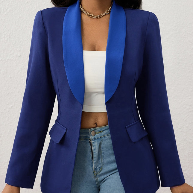 Ladies' Fashionable And Elegant Temperament Versatile Color Block Splicing Lapel Suit Long Sleeved Jacket Top