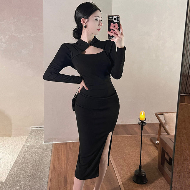 European And American Sexy Hot Girl Long Sleeve Hollow-out Cinched Split Hip Dress
