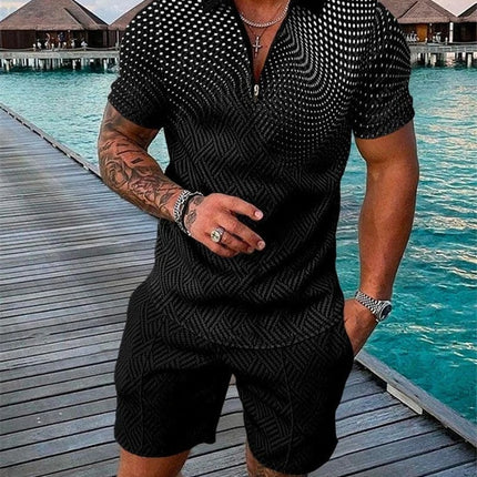 Men's Summer Fashion 3D Printed Short Sleeve Geometric Zip Lapel Shirt Set