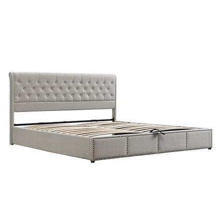 Gestoffeerde Bed, Dubbelbed-4vt6 135x190cm, met Hidrouliese Heffingsmeganisme, Funksionele Bergingsbed, Klinknaelversiering, Sonder Matras, Linne, Liggrys