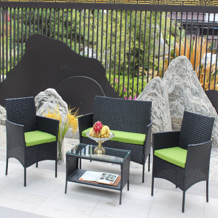 4 ST Rattan Patio Meubelstel Buite Patio Opgestopte Sitplek Rieten Bank Groen Kussing