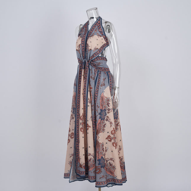 Niche Design Printed Old Money Style Halter Spaghetti Straps Dress
