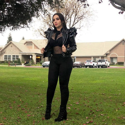 Leather Casual Women's Ruffled Leather Jacket