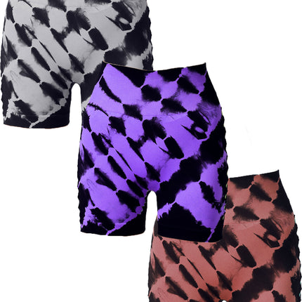 3 Pack Women's Side Cut-Out Tie-Dye Seamless Hip Lift High Waist Sports Fitness Yoga Shorts