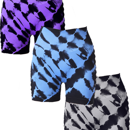 3 Pack Women's Side Cut-Out Tie-Dye Seamless Hip Lift High Waist Sports Fitness Yoga Shorts