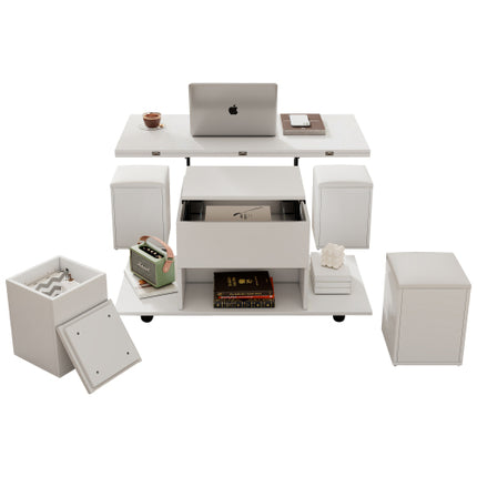 Opklapbare Koffietafel, Koffietafel Met Berging, Opklapblad Bank Eindtafels Vir Sitkamer Meubels, Wit
