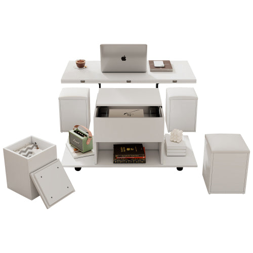 Opklapbare Koffietafel, Koffietafel Met Berging, Opklapblad Bank Eindtafels Vir Sitkamer Meubels, Wit
