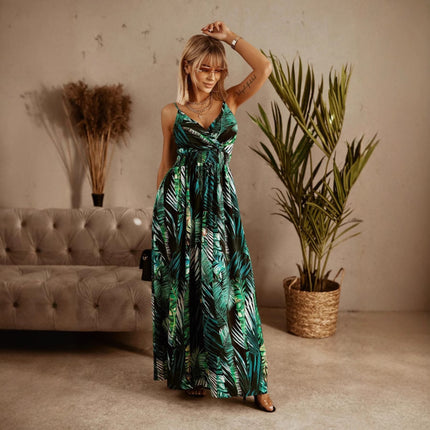 European And American Foreign Trade Cross-border Women's Clothing Amazon Summer V-neck Elastic Waist Printed Sling Long Dress