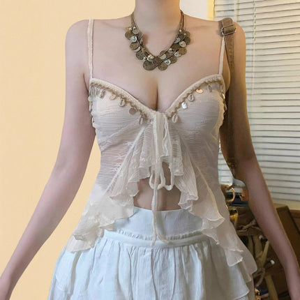Low Collar Chest-flattering Lace-up Irregular Mesh Sexy See-through Vest