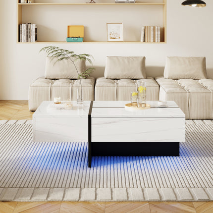 High Gloss Coffee Table, White Marble-Effect Structure With Matching Black Risers, Living Room Furniture,With App-Controlled LED Lighting System